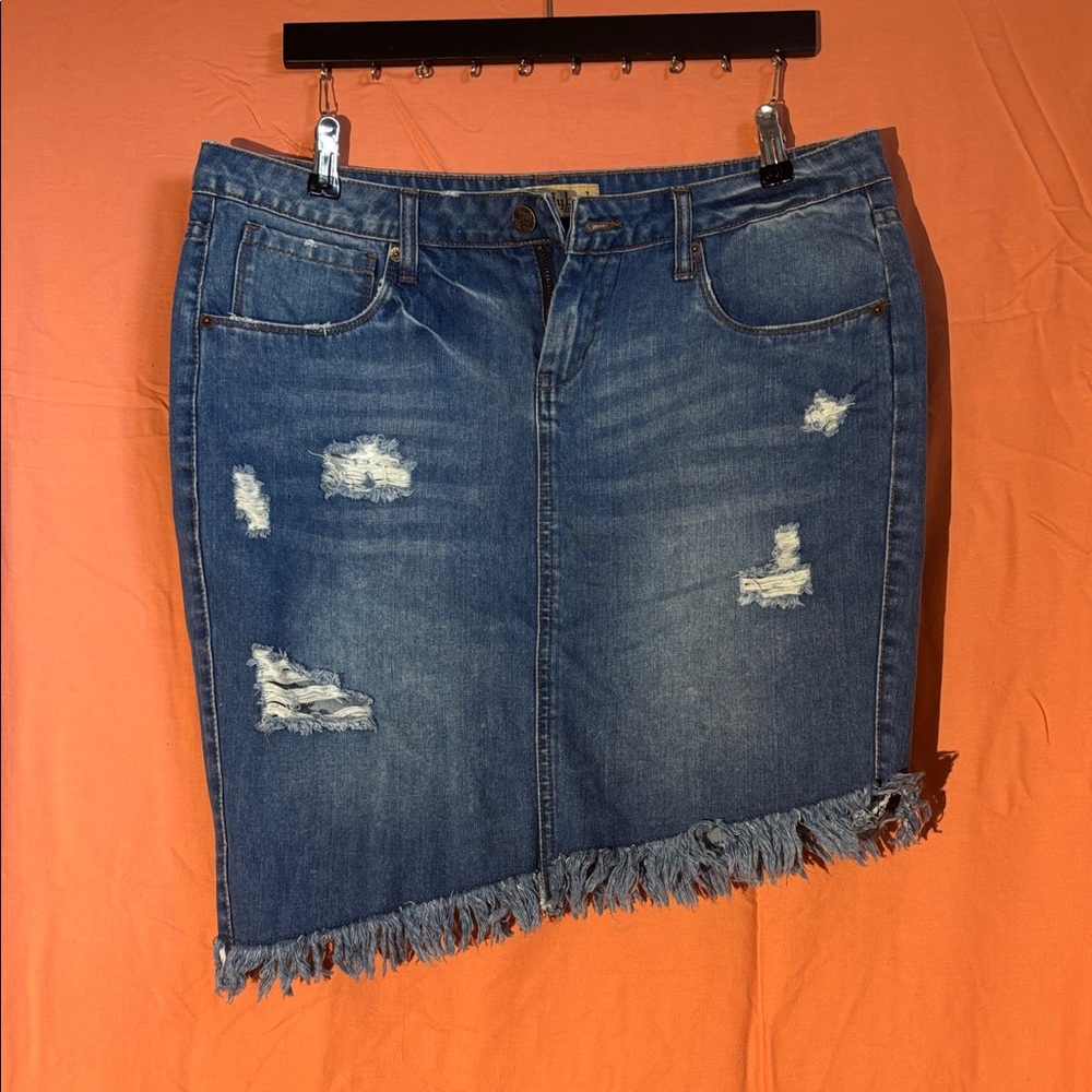 Hybrid & Company Asymmetrical Denim Skirt with Frayed Hem